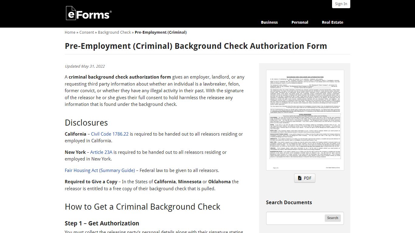 Free Pre-Employment (Criminal) Background Check Authorization Form ...